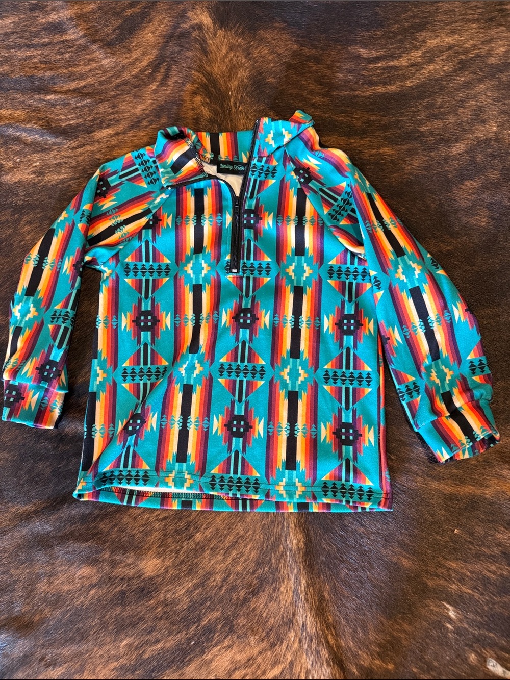 Kids Aztec Half-Zip Pullover Hoodie - Teal Multicolor